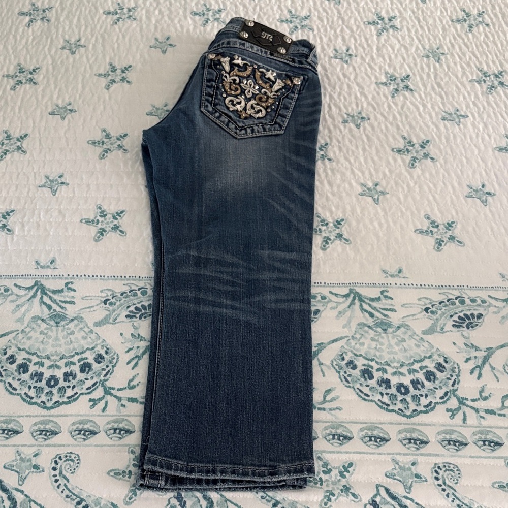 Miss Me Dark Blue Straight Leg Jeans with Embellished Pocket